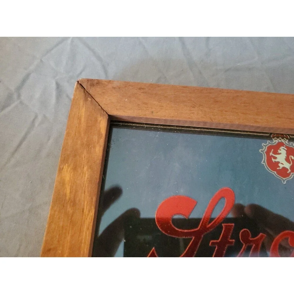 Vtg Antique Stroh's Beer Seven Ounces Mirror Sign Advertisement W/ Wooden Frame